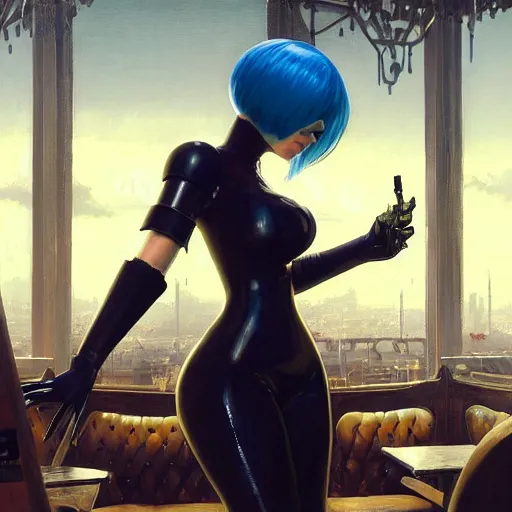 Image similar to highly detailed painting of 2 b from nier automata wearing a latex suit in a bar, stephen bliss, 8 k, by greg rutkowski, loish, rhads, artgerm, ferdinand knab, makoto shinkai and lois van baarle, ilya kuvshinov, rossdraws, global illumination, radiant light, detailed and intricate environment