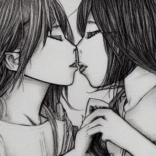 Image similar to portrait of two girls kissing, detailed manga art