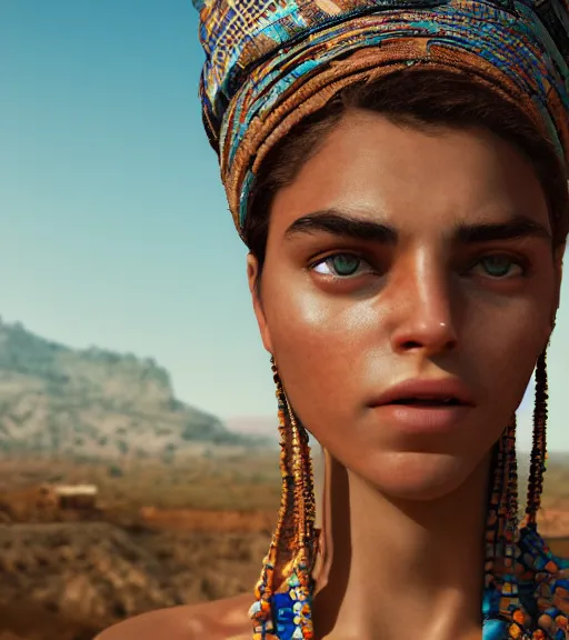 Image similar to portrait of a stunningly beautiful israeli tribal female, depth of field, zeiss lens, detailed, symmetrical, centered, fashion photoshoot, by Annie Leibovitz and Steve McCurry, David Lazar, Jimmy Nelsson, Breathtaking, 8k resolution, extremely detailed, beautiful, establishing shot, artistic, hyperrealistic, beautiful face, octane render