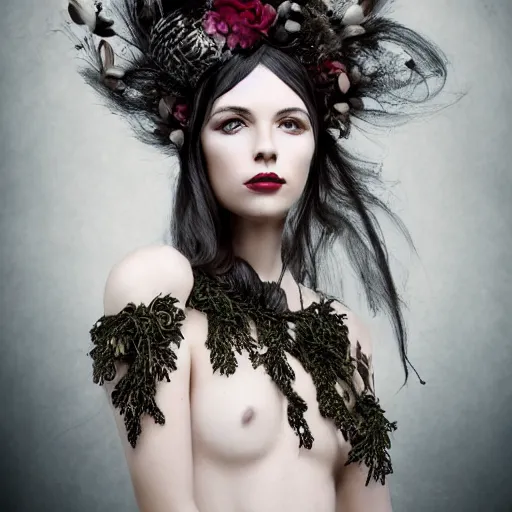 Image similar to a portrait of female model by anka zhuravleva and peter kemp, dark fantasy, ornate headpiece, dark beauty, photorealistic, canon r 3,