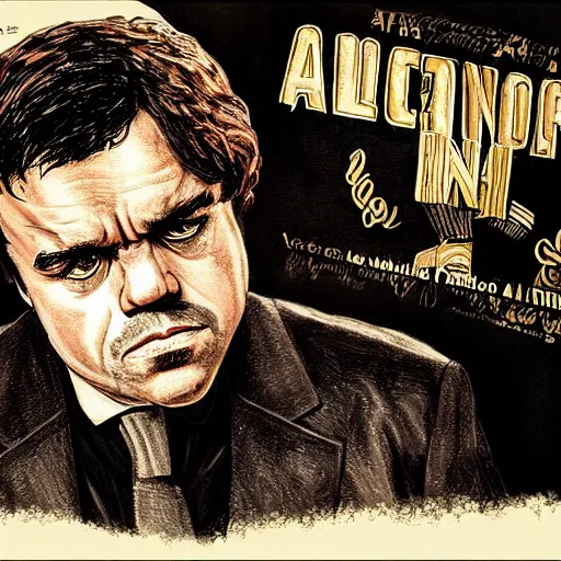 Image similar to a movie poster for a movie about al capone who is played by peter dinklage, based in chicago, gangster, painting, prohibition era, yugioh, photograph, pencil, sketch, text, signature, watermark