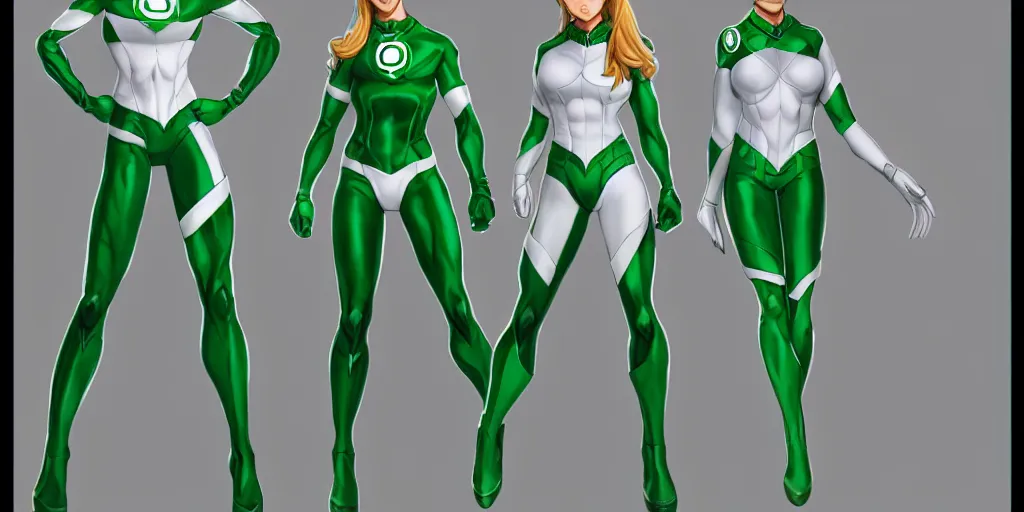 Image similar to full body exaggerated outfit, female green lantern character clean concepts by senior concept artist in the anime film, suit, powers, glowing, stronge, smooth, high detail, featured on artstation