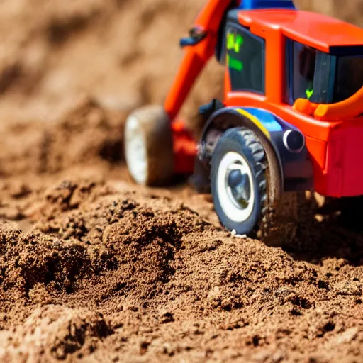 Prompt: toy excavator riding on dirt, 3 3 mm close up photo