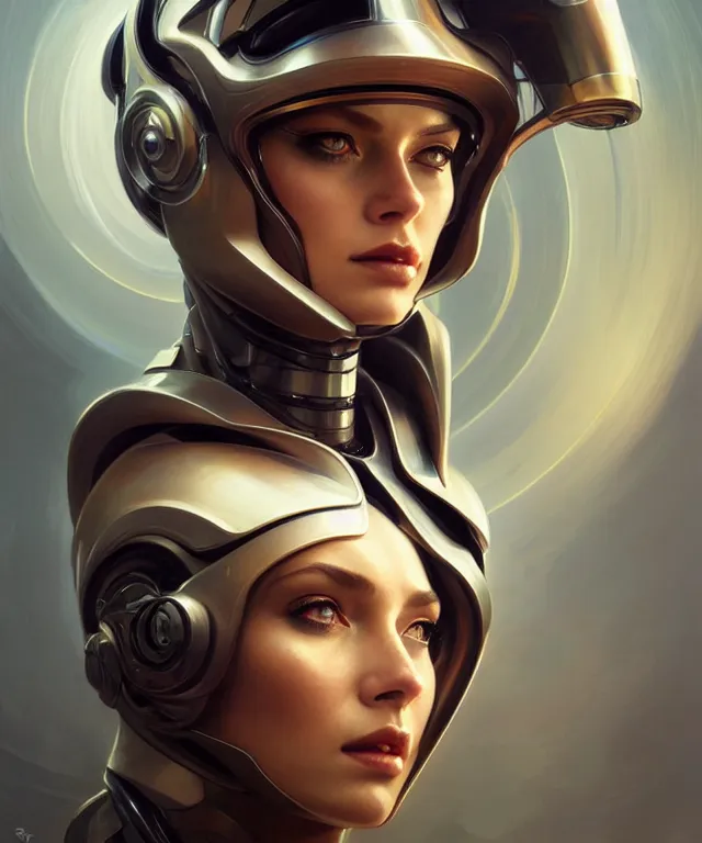 Image similar to futuristic woman in helmet portrait, sci-fi, amber eyes, face, long hair, fantasy, intricate, elegant, highly detailed, digital painting, artstation, concept art, smooth, sharp focus, illustration, art by artgerm and greg rutkowski and alphonse mucha