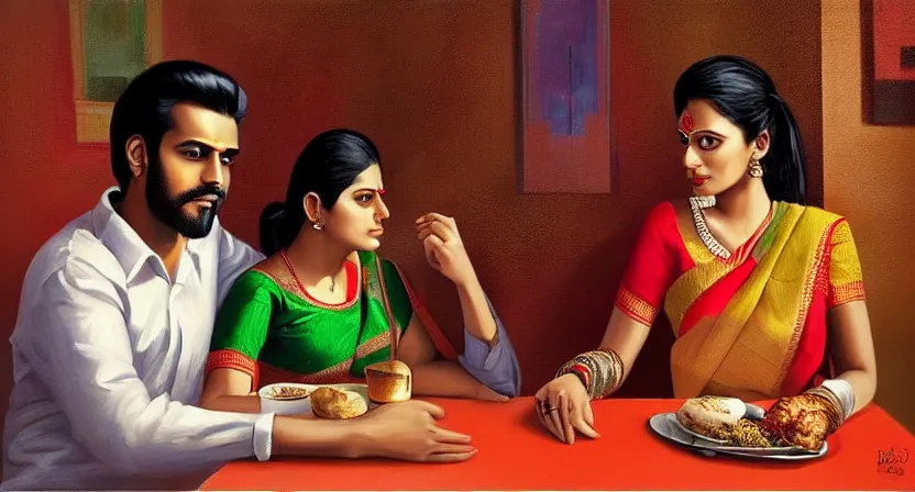 Image similar to a guy and girl on a date in a restaurant, saree, desi, art by salman toor. faithfully depicted facial expression, perfect anatomy, sharp focus, global illumination, radiant light, detailed and intricate environment, trending on artstation