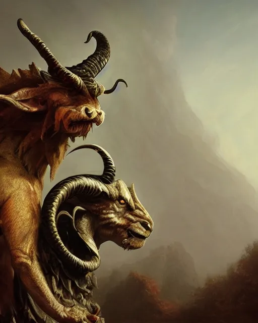 Image similar to oil painting of a Anthropomorphized chimaera with goat head, snake head, lion head, sharp focus, heroic pose, fantasy style, octane render, volumetric lighting, 8k high definition, by greg rutkowski, highly detailed, trending on art Station, magic the gathering artwork, Woodland background, centered