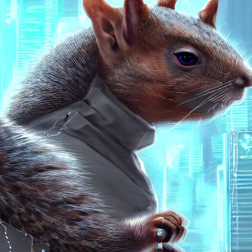 Image similar to cyberpunk squirrel, cyborg, intricate, digital painting, artstation, intricate, concept art, smooth, sharp focus, unreal engine
