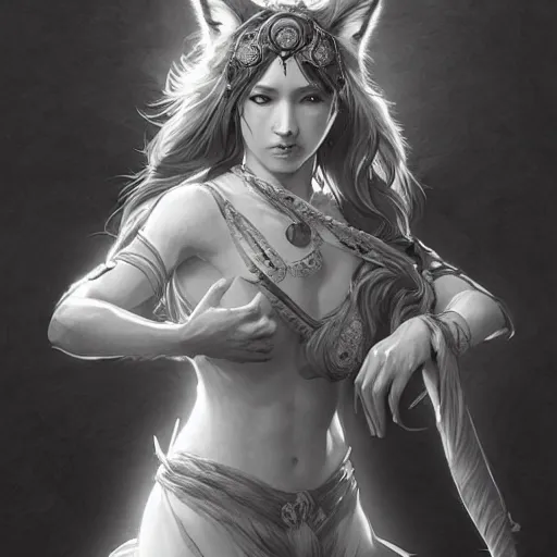 Image similar to japanese wolf goddess, d & d, black and white color palette, highly detailed, digital painting, artstation, concept art, sharp focus, illustration, cinematic lighting, art by artgerm and greg rutkowski and alphonse mucha