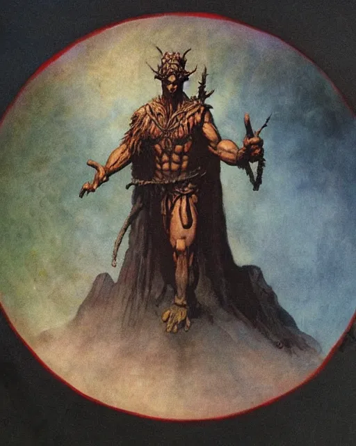 Image similar to a druid standing in a circle at the beginning of the world by frank frazetta