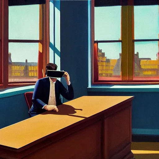 Image similar to A fine art painting of a man wearing Vr goggles at a desk through a window on a British street. In the style of Edward Hopper and Wes Anderson