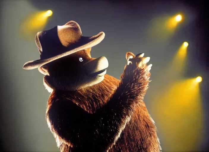 Prompt: publicity photo still of smokey the bear on tour with korn live on stage, 8 k, live concert lighting, mid shot