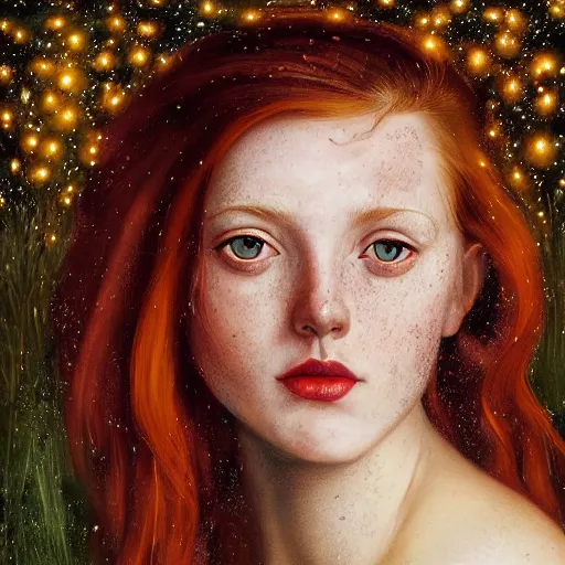 Image similar to a highly detailed digital painting of a red haired young woman, by night among golden fireflies and nature, backlit, deep green eyes, hint of freckles, round gentle face, cheeky smile with red lips, deep focus, smooth, sharp, golden ratio, elegant, art by artemisia lomi gentileschi, caravaggio, greg rutkowski