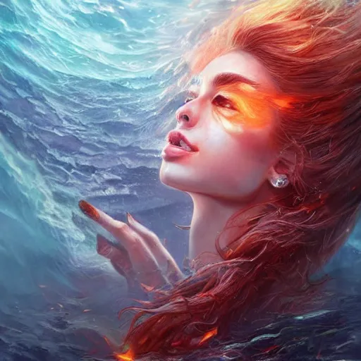 Prompt: ocean fire, photorealistic fantasy portrait, artstation, hyper detailed, love.