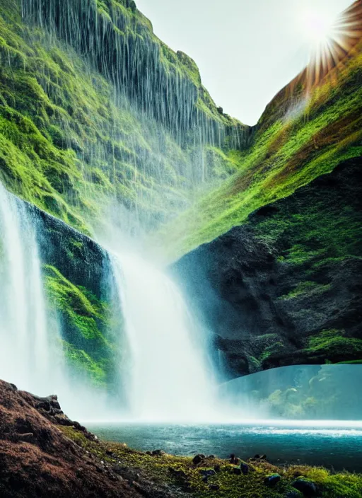 Image similar to a waterfall in the middle of a mountain range, a detailed matte painting by hallsteinn sigurðsson, shutterstock contest winner, naturalism, uhd image, creative commons attribution, photo taken with ektachrome