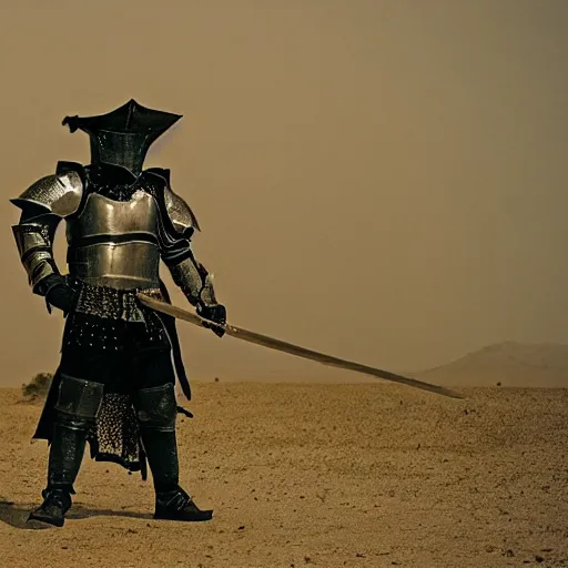 Prompt: an armored knight dressed as a pirate in the desert, film still, cinematic composition