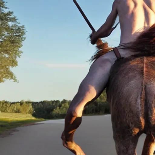 Prompt: a centaur walking along. On the back of the centaur is a human riding it.