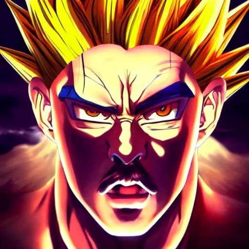 Prompt: salvador dali became super saiyan, dragon ball style, cinematic lighting, highly detailed, concept art, art by wlop and artgerm and greg rutkowski, masterpiece, trending on artstation, 8 k