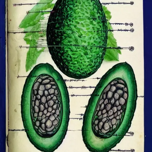 Prompt: a page from codex seraphinianus of blueprint of merging of emma watson with avocado