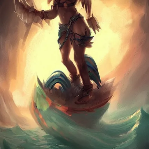 Prompt: triton girl having a great time riding on a goliath's shoulders, dnd concept art, painting by ross tran