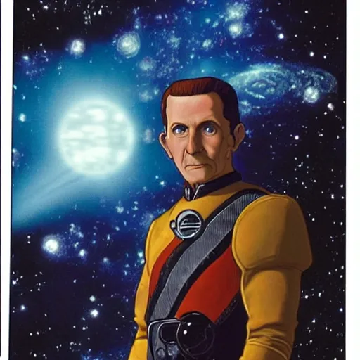 Image similar to constable odo on deep space nine staring out into the darkness of space at the many stars, with planet bajor and the bajoran wormhole in the distance