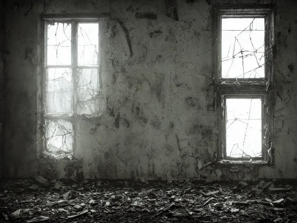 Prompt: the corner of a room in an abandoned building, where a mutant creature lurks, dirty windows, debris, tentacle beast, dust, bleak apocalyptic style, creepypasta, ominous vibe, sharp fangs