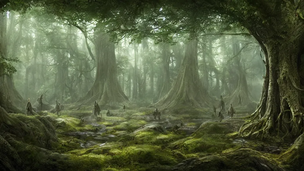 Image similar to peaceful elven forest, thick forest, large living trees are visible in the background, by alan lee, michal karcz, smooth details, lord of the rings, game of thrones, smooth, detailed terrain, oil painting, trending artstation, concept art, fantasy matte painting