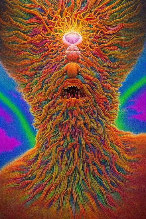Image similar to hyperrealistic close-up baroque psychedelic!! celestial organic happy fluffy monster!! peaceful kind spirit of nature highly detailed concept art eric zener elson peter cinematic hard rainbow lighting high angle hd 8k sharp shallow depth of field, inspired by Zdzisław Beksiński