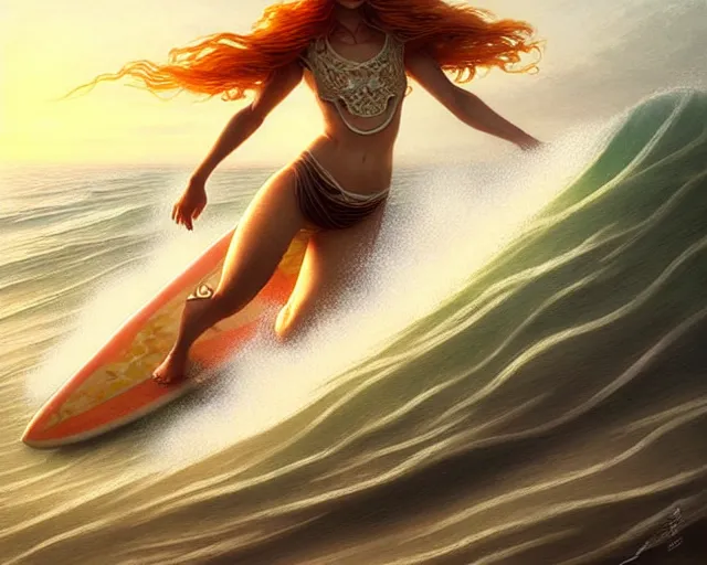 Image similar to beautiful ethereal ginger surfer is surfing a sea of pasta, art nouveau, fantasy, intricate pasta waves, elegant surfboard, highly detailed, sharp focus, action art by artgerm and greg rutkowski and wlop