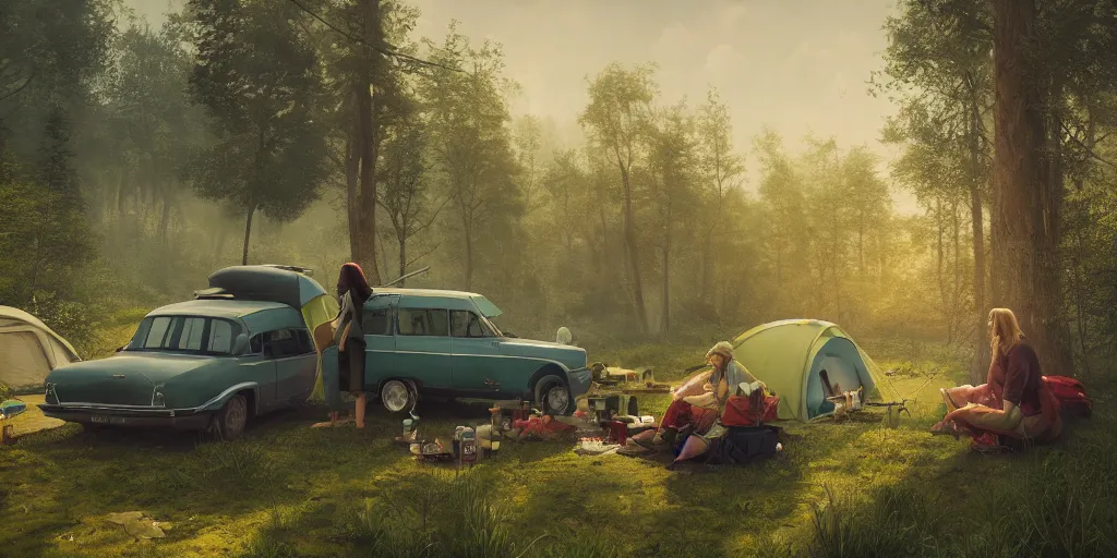 Prompt: two women camping next to green car, elegant scene, low angle, wide angle, indian forest, wide angle, cinematic, ultrarealistic, trending on artstation, cgsociety, highly detailed, color graded, rendered in unreal engine 4 k hq, matte painting, by simon stalenhag and hudson river school, horizon forbidden west