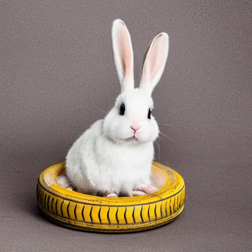 Prompt: a cute bunny sitting on a tire, studio photo, high quality