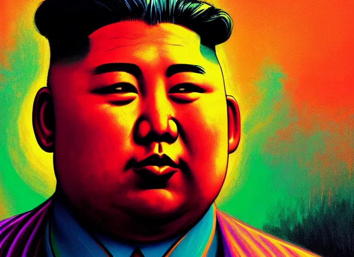 Prompt: A psychedelic portrait of muppet kim jong un, vibrant color scheme, highly detailed, in the style of romanticism, cinematic, artstation, Moebius, Greg rutkowski