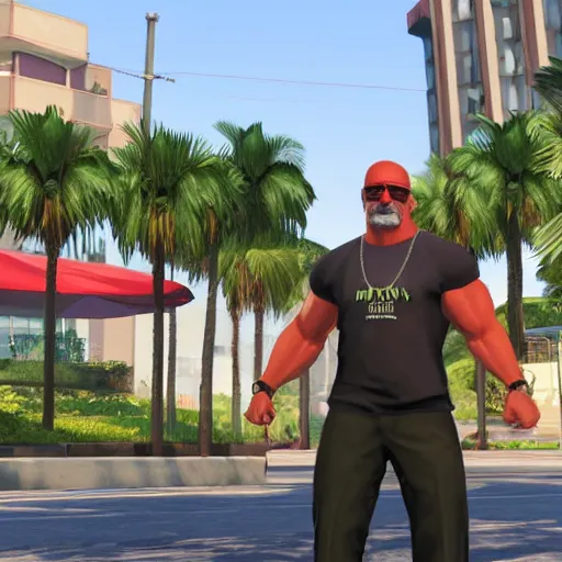 Prompt: Hulk Hogan in GTA V. Los Santos in the background, palm trees. In the style zig Stephen Bliss