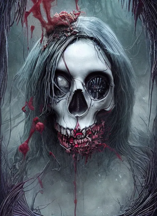 Prompt: alice in wonderland death tarot card, highly detailed, half skull face, cinematic, 8 k, by stanley artgermm, tom bagshaw, greg rutkowski, carne griffiths, ayami kojima, beksinski, giger, trending on deviantart, hyper detailed, horror, full of colour