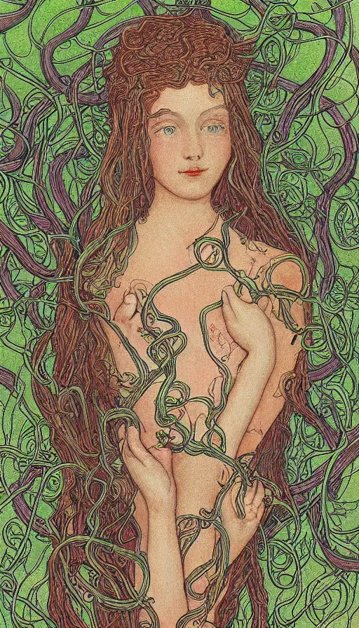 Prompt: very detailed portrait of a 2 0 years old girl surrounded by tentacles, the youg woman visage is blooming from fractal and vines, by ivan bilibin,