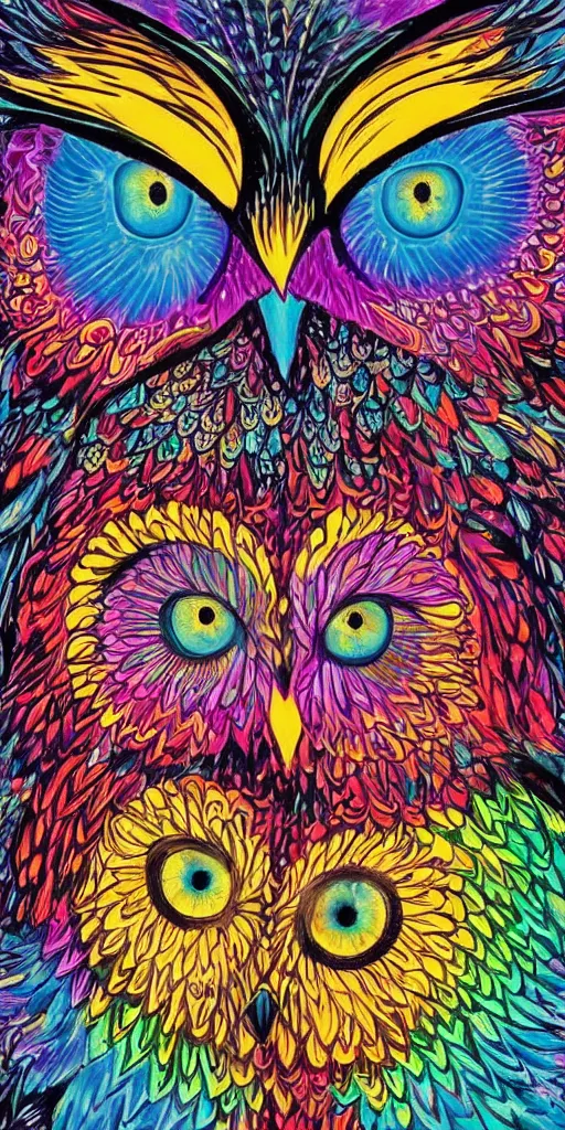 Image similar to 70’s psychedelic poster owl Louis Wain colorful dichroic