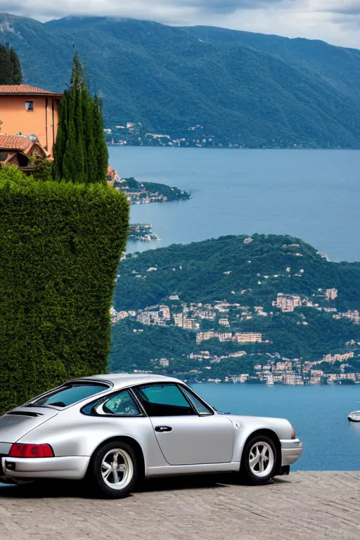 Prompt: Photo of a silver Porsche 911 Carrera 3.2 parked on a dock with Lake Como in the background, wide shot, rear view, daylight, dramatic lighting, award winning, highly detailed, 1980s, luxury lifestyle, fine art print, best selling.