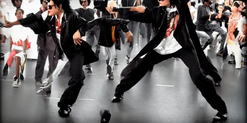 Prompt: michael jackson by himself 2 0 0 9 style wearing shades, studio dancing solo, this is it style, photo real, pores, motion blur, solo, by himself, heroic pose, real life, spotted, ultra realistic face, accurate, 4 k, movie still, uhd, sharp, detailed, cinematic, render, modern
