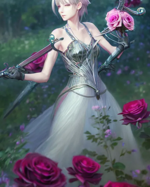 Image similar to an elegant lady surrounded by holographic swords in a garden full of roses, final fantasy, cushart krenz, cushart krenz, goddess, unreal engine, very detailed, realistic face, detailed face, matte, tonemapping, perfection, 4 k