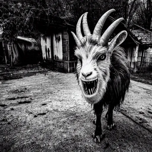 Prompt: horror photography, cinematic, daytime, wide shot, snarling mutant goat monster with a mouth crammed full of sharp teeth and filthy matted fur, village square, terrified villagers