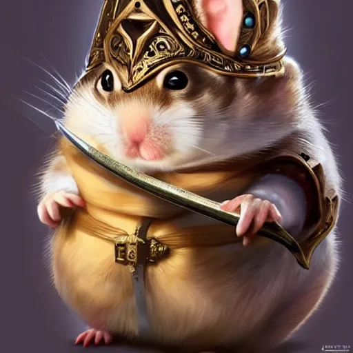 Prompt: A masterpiece portrait of a hamster holding a sword. Hamster is wearing a knights helmet. Very detailed. intricate, elegant, highly detailed. trending on artstation, digital art, by Stanley Artgerm Lau, WLOP, Rossdraws, James Jean, Andrei Riabovitchev, Marc Simonetti, Yoshitaka Amano