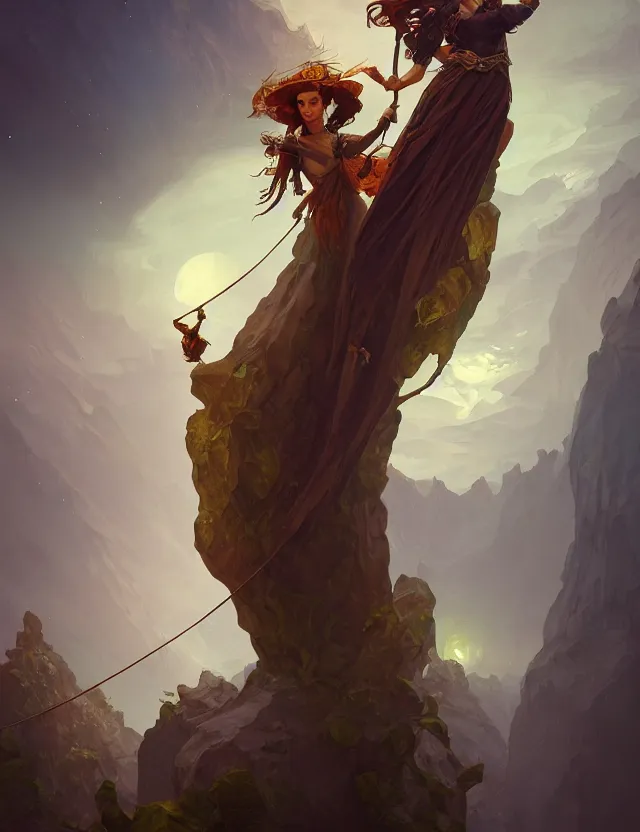 Image similar to photography alexey gurylev, on a tightrope over the abyss, serene, lunar, deep focus, d & d, fantasy, complex, elegant, highly detailed, digital painting, artstation, concept art, matte, clear focus, illustration, hearthstone, artgerm art, greg rutkovsky and alphonse mucha