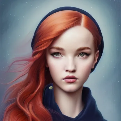 Image similar to tom bagshaw portrait, beautiful mix of dove cameron madison beer bella poarch in a full sailor suit, short redhead, professionally retouched, focus eyes, ultra realistic soft painting, insanely detailed linework, symmetrical accurate intricate features, behance, 8 k