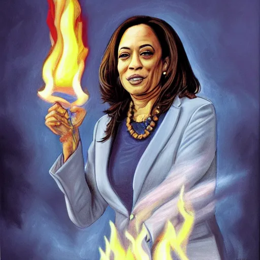 Prompt: breathtaking detailed art portrait painting of kamala harris as a evil witch casting fire spell on the whitehouse