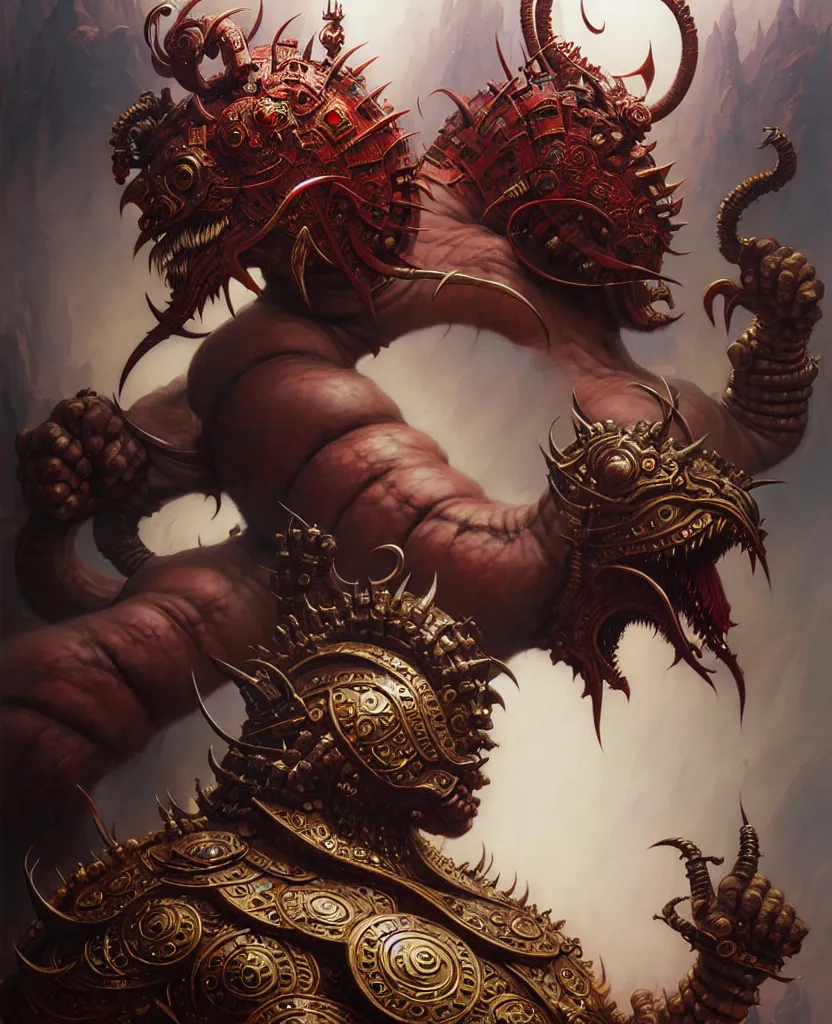 Image similar to beautiful ferocious brutal ravana fantasy character portrait, close - up, headshot, ultra realistic, intricate details, the fifth element artifacts, highly detailed by peter mohrbacher, hajime sorayama, wayne barlowe, boris vallejo, aaron horkey, gaston bussiere, craig mullins