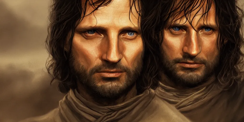 Image similar to Aragorn portrait, golden hour, rim lighting, detailed matte painting, cinematic, Alan Lee, Artstation