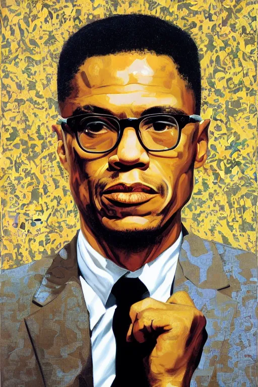 Image similar to Malcolm x, portrait by Kehinde Wiley!!, oil paint on canvas, brushstrokes,