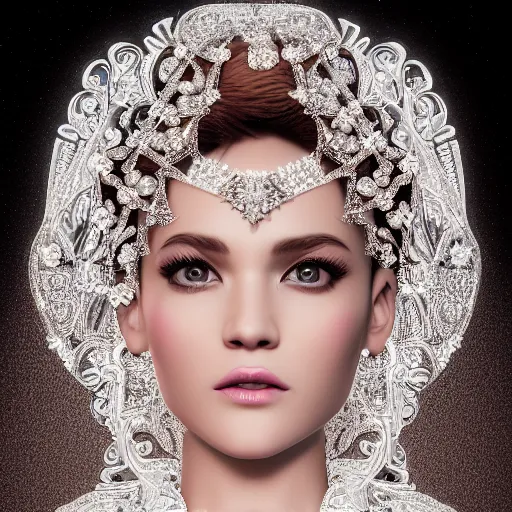 Image similar to portrait of wonderful princess of diamond with fair skin, ornate with diamonds, 8 k, gorgeous, intricate, detailed, glowing white accent lighting, dramatic lighting, octane render