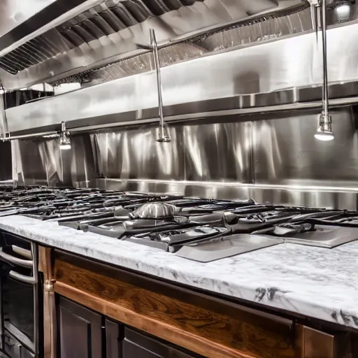 Prompt: fancy restaurant kitchen counter with shiny silver ovens and marble counters and fresh food just chopped.