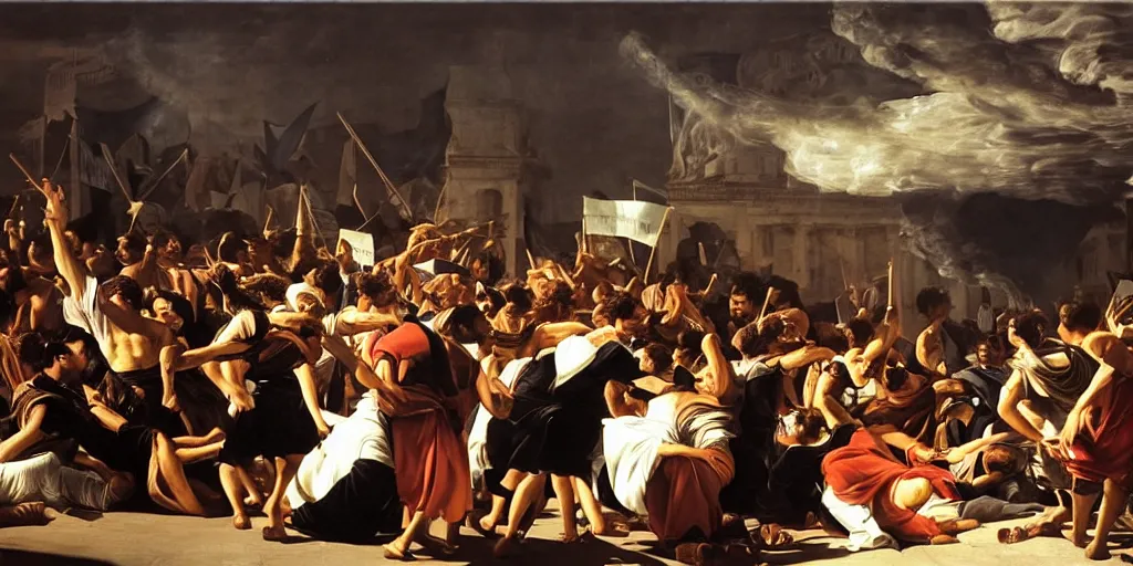 Image similar to beautiful oil matte painting, uprising of people at a greek political forum with fire and smoke, wonderful masterpiece highly detailed, beautiful cinematic light deep focus, elegant, digital painting, smooth, sharp focus, golden ratio, dramatic illumination, ultra realistic, 8 k, art by artemisia lomi gentileschi and caravaggio