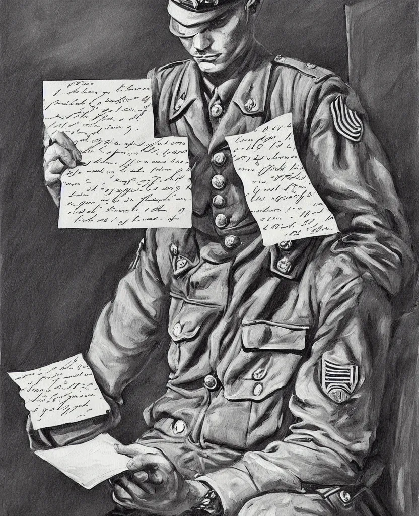 Image similar to a beautiful painting of a soldier's hand writing a letter to home with wwii in background, black and white, painted by escher